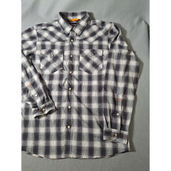 Orvis Shirt Mens Medium Gray Pearl Snap Dual Pockets Active Fit Plaid Western - Picture 3 of 10